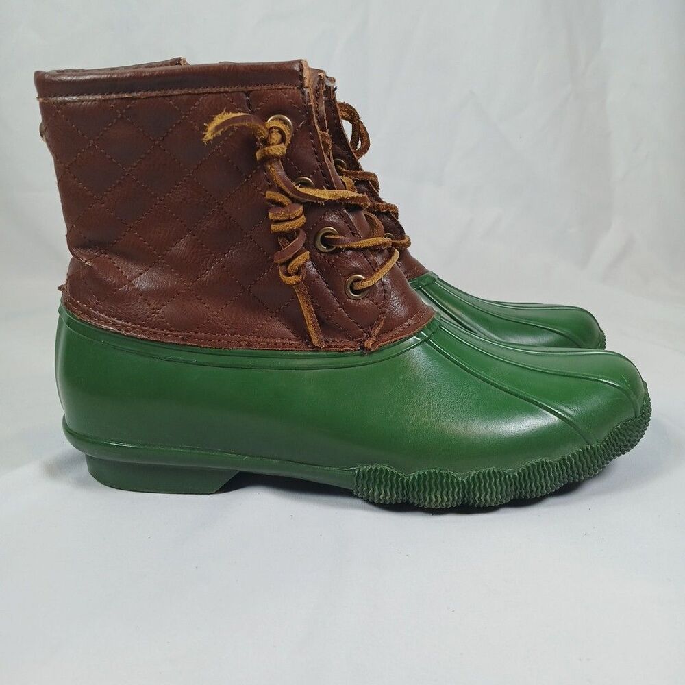 Steve Madden Duck Boots Women’s Size 8 Green Rubber Brown Leather Quilted Winter - Picture 5 of 13